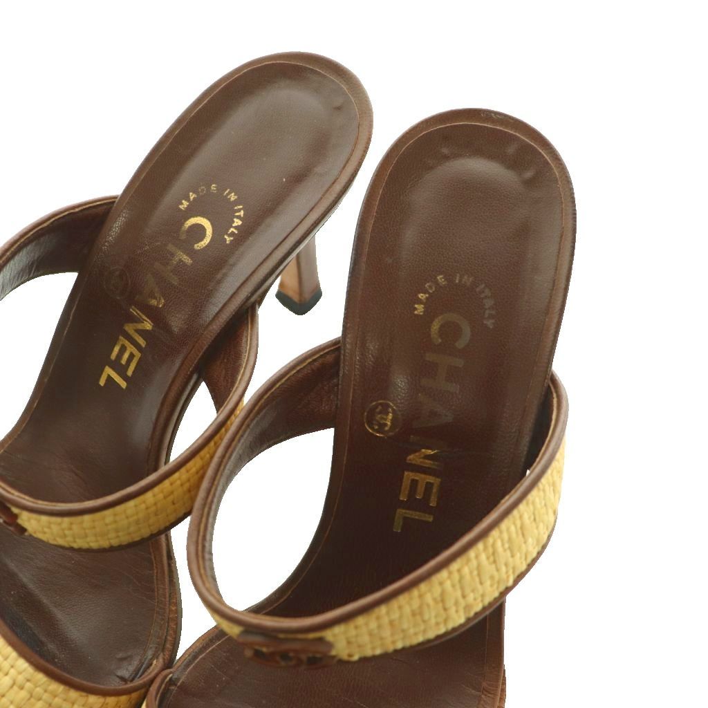 Chanel Sandals Raffia Leather CC Logo Square Toe High Heels 36 Brown Beige SS — view 4