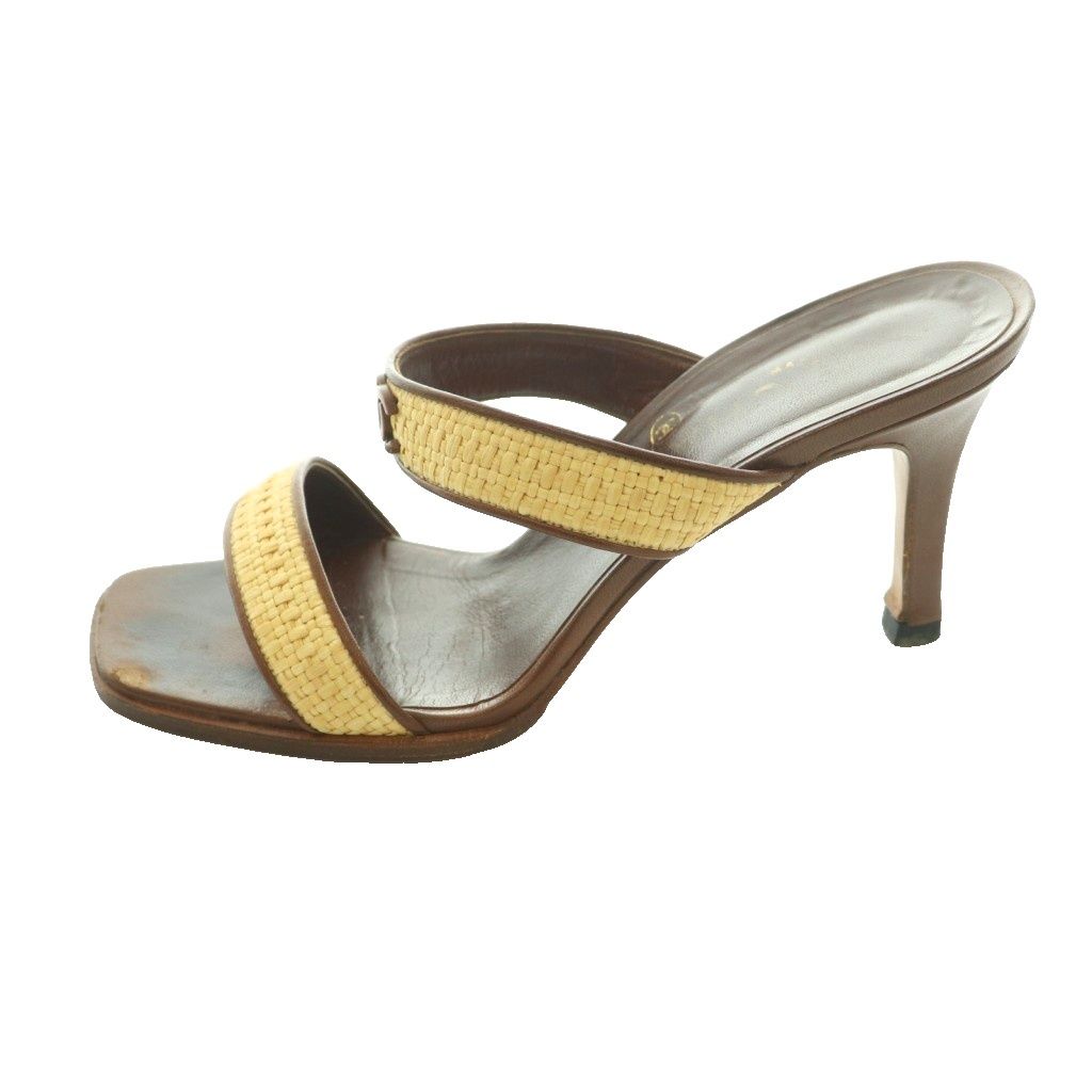 Chanel Sandals Raffia Leather CC Logo Square Toe High Heels 36 Brown Beige SS — view 2