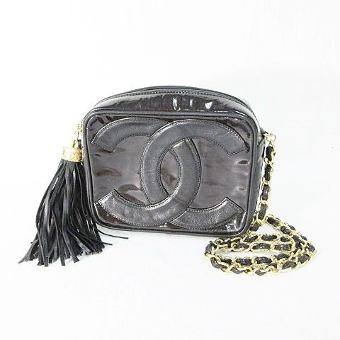 Chanel Shoulder Bag Chain Tassel CC Logo CC Enamel Black
