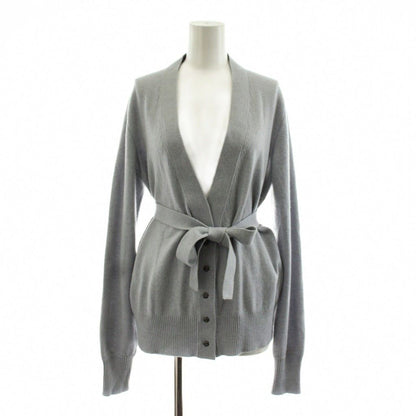 Chanel Knit Cardigan Long Sleeve Neck Camellia Button Cashmere with Belt Gray