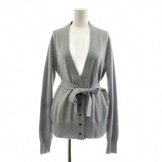 Chanel Knit Cardigan Long Sleeve Neck Camellia Button Cashmere with Belt Gray