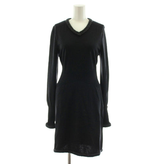 Chanel Knit Dress Calf Long Sleeve Neck Wool Mohair Blend 36 Black