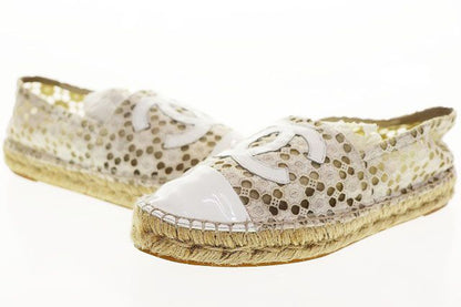 Chanel Espadrille Shoes White 37 Lace CC Logo Slip Ons Hemp Beige Aa
