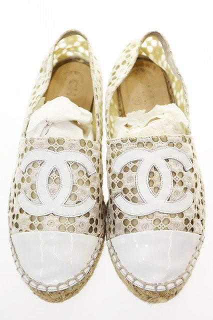 Chanel Espadrille Shoes White 37 Lace CC Logo Slip Ons Hemp Beige Aa — view 2
