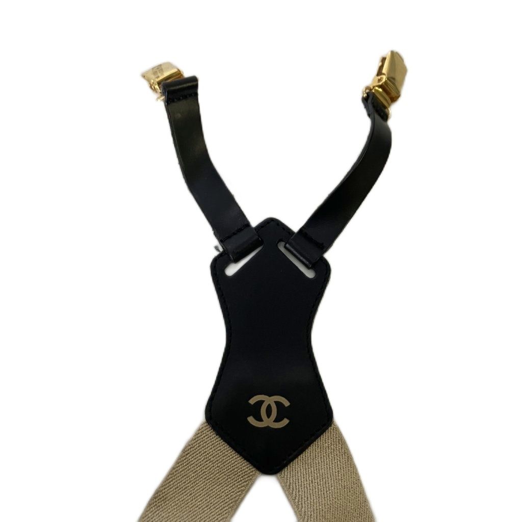 Chanel Suspenders CC Logo Belt Canvas Leather Archive Vintage Beige Black — view 3