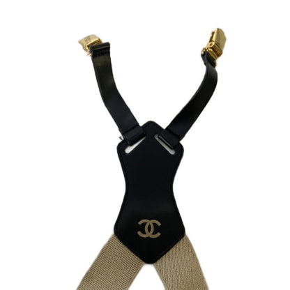 Chanel Suspenders CC Logo Belt Canvas Leather Archive Vintage Beige Black — view 3