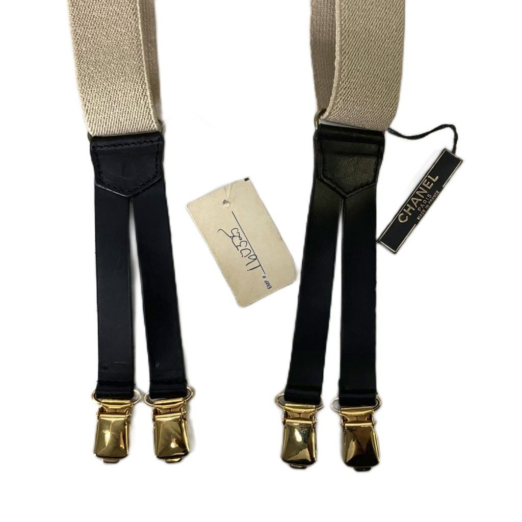 Chanel Suspenders CC Logo Belt Canvas Leather Archive Vintage Beige Black — view 4
