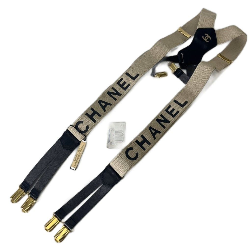 Chanel Suspenders CC Logo Belt Canvas Leather Archive Vintage Beige Black