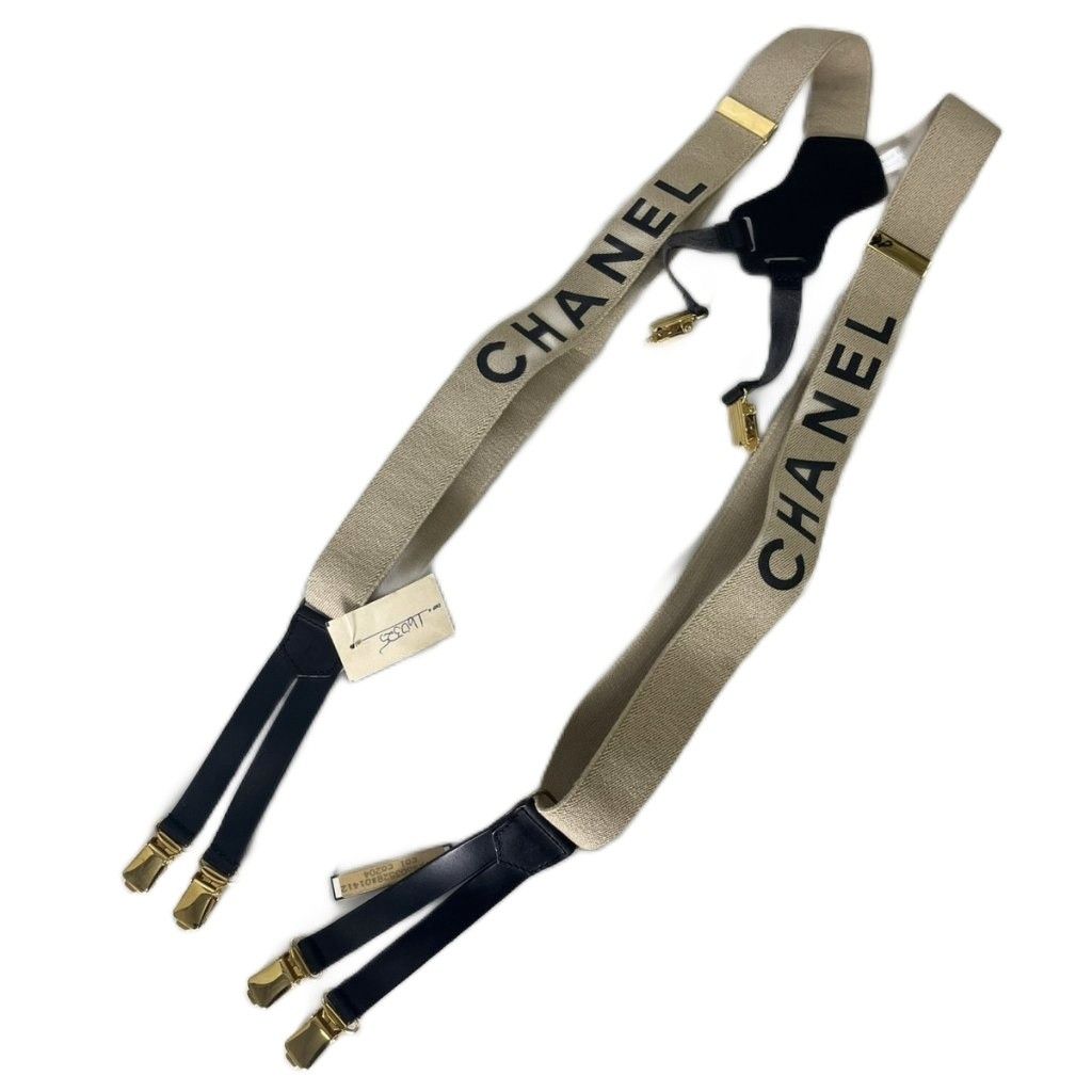 Chanel Suspenders CC Logo Belt Canvas Leather Archive Vintage Beige Black — view 2