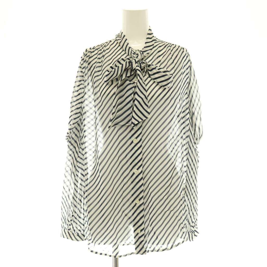 Balenciaga Shirt Blouse Striped Bowtie Sheer 36 Navy White CX