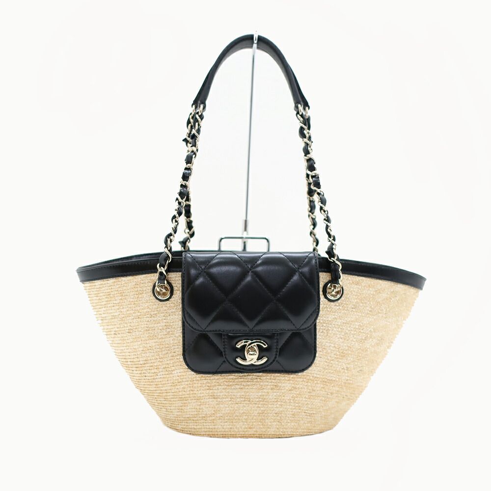 Chanel Ten Small Shopping Bag Blade Straw Lambskin Beige Black