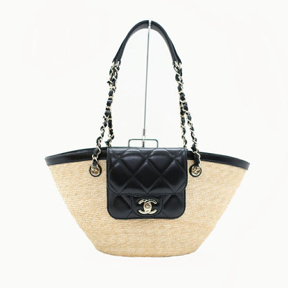 Chanel Ten Small Shopping Bag Blade Straw Lambskin Beige Black