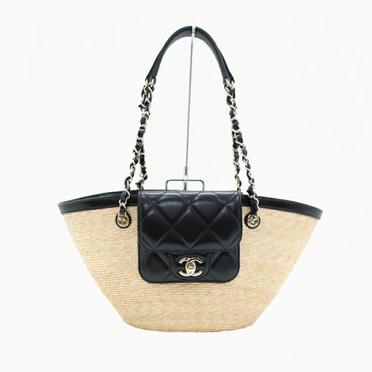 Chanel Ten Small Shopping Bag Blade Straw Lambskin Beige Black