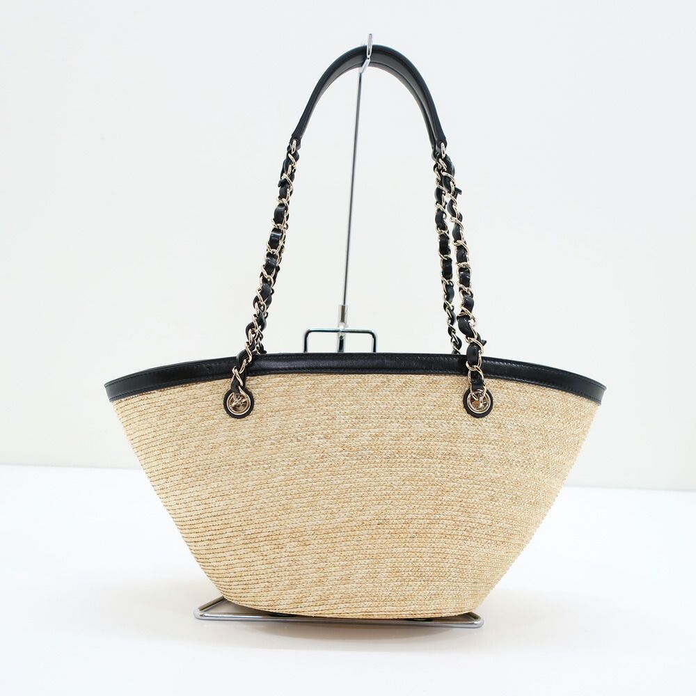 Chanel Ten Small Shopping Bag Blade Straw Lambskin Beige Black — view 2