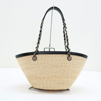 Chanel Ten Small Shopping Bag Blade Straw Lambskin Beige Black — view 2