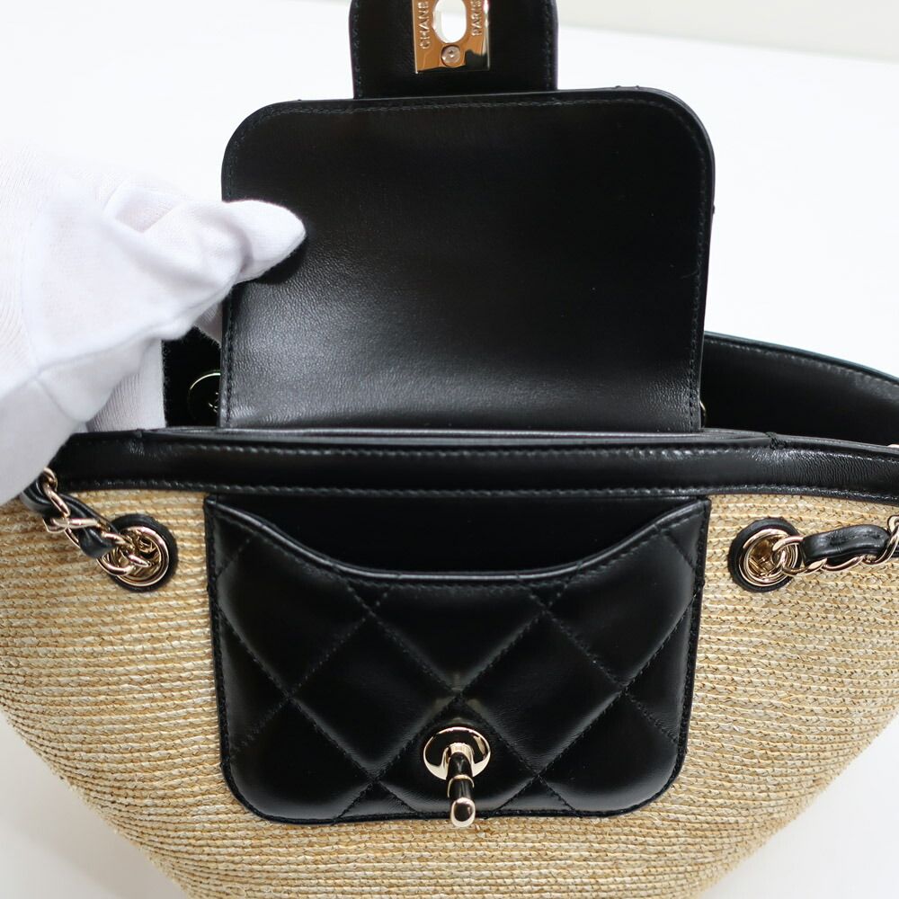 Chanel Ten Small Shopping Bag Blade Straw Lambskin Beige Black — view 3