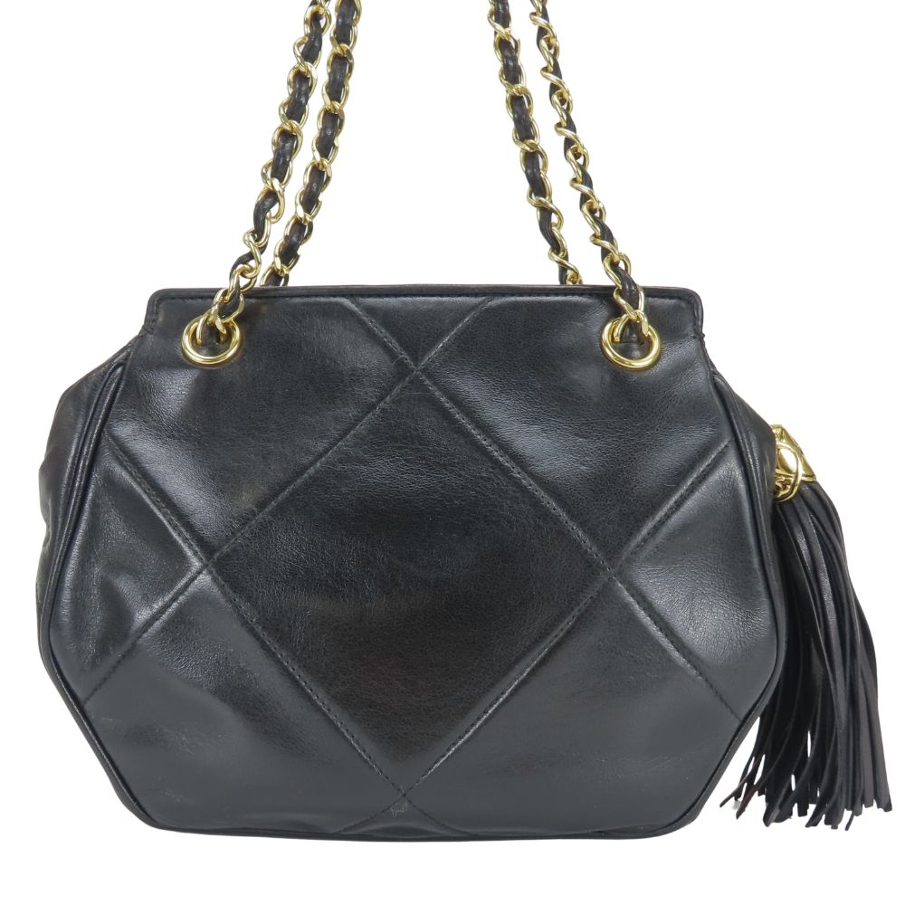 Chanel Shoulder Bag Fringe Lambskin Black Gold CC Logo Chain — view 3