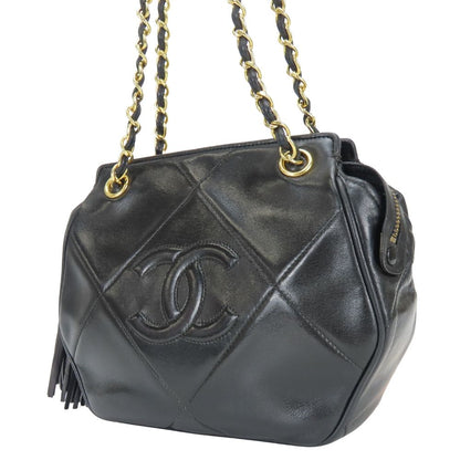 Chanel Shoulder Bag Fringe Lambskin Black Gold CC Logo Chain — view 2