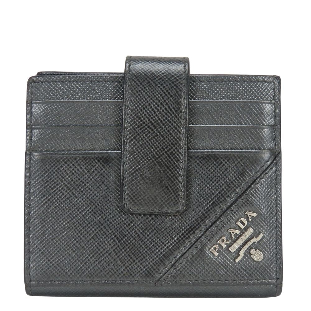 Prada Billfold Saffiano Leather Metallic Gray Black Silver Bifold Card Case