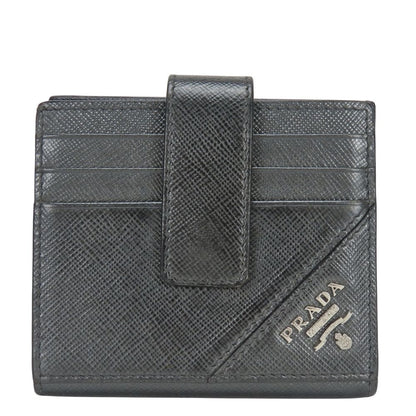 Prada Billfold Saffiano Leather Metallic Gray Black Silver Bifold Card Case
