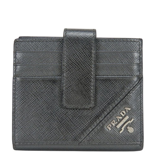 Prada Billfold Saffiano Leather Metallic Gray Black Silver Bifold Card Case
