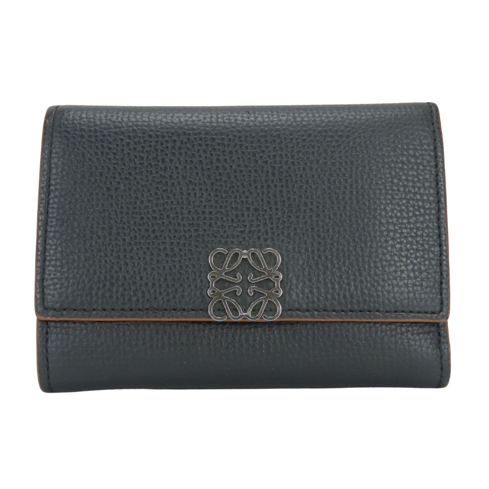 Loewe Trifold Wallet Anagram Vertical Small Leather Black Brown Compact
