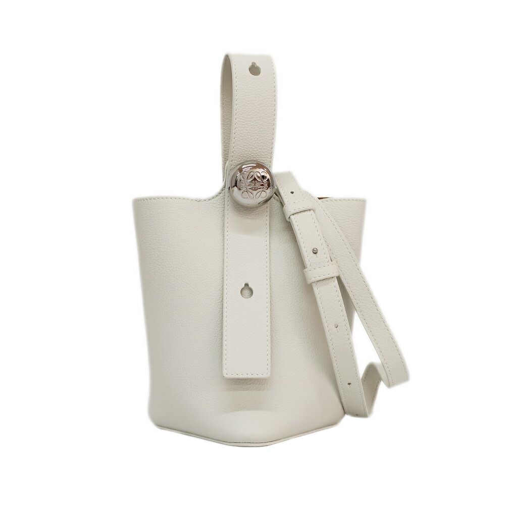 Loewe Ten Pebble Bucket Bag Mini 2-Way White Silver Leather Anagram