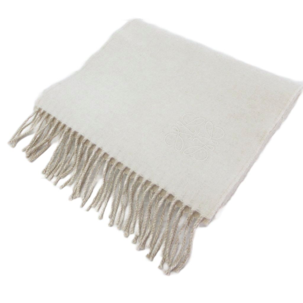 Loewe Anagram Embroidered Scarf Shawl Bicolor Fringe Wool Cashmere Blend Ivory