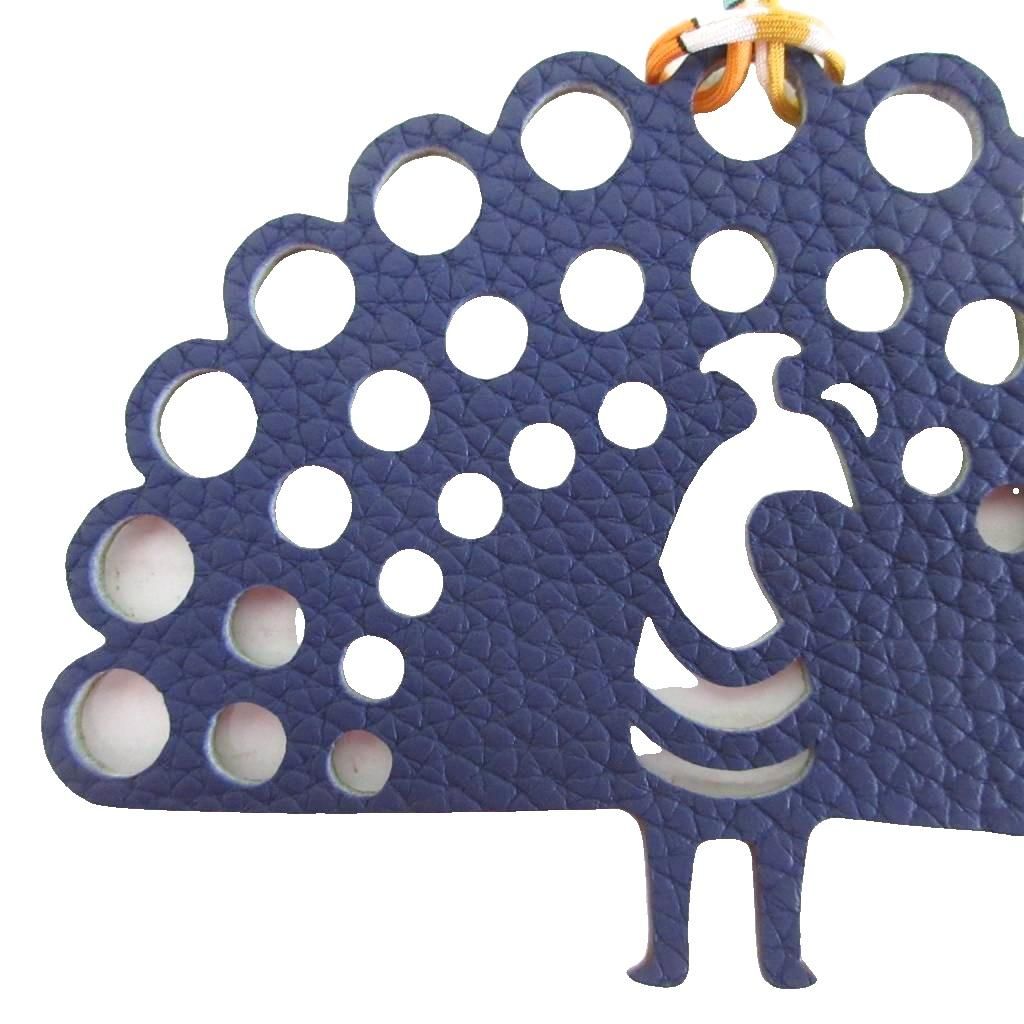 Hermes Petit Ash Peacock Fishbone Charm Leather Green Blue Keychain — view 6