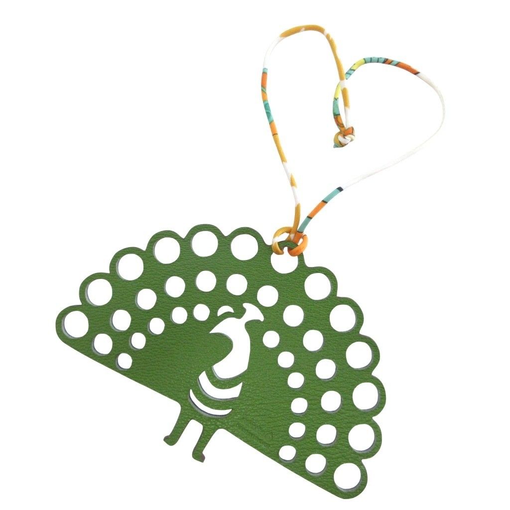 Hermes Petit Ash Peacock Fishbone Charm Leather Green Blue Keychain