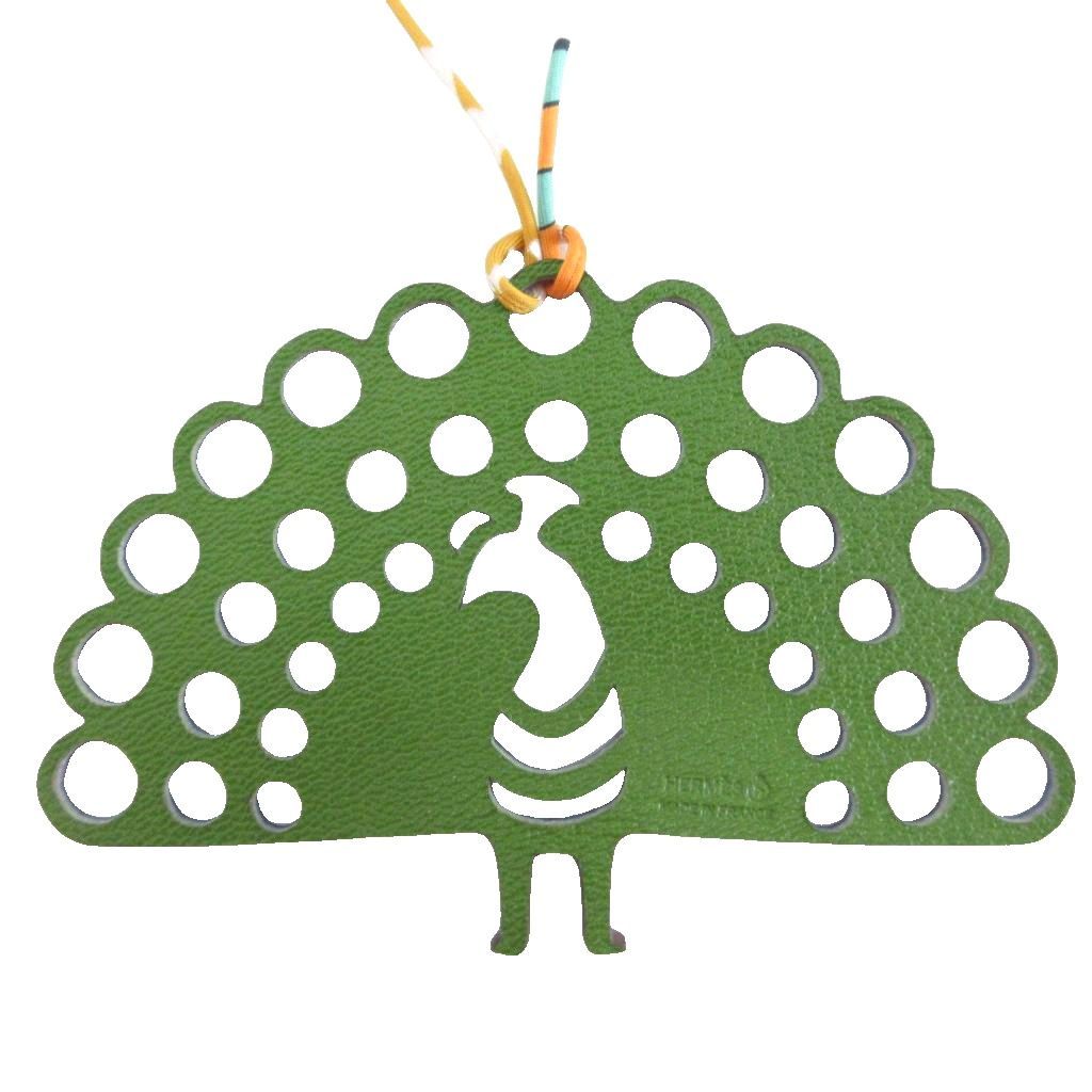 Hermes Petit Ash Peacock Fishbone Charm Leather Green Blue Keychain — view 2