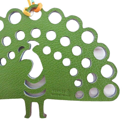 Hermes Petit Ash Peacock Fishbone Charm Leather Green Blue Keychain — view 5