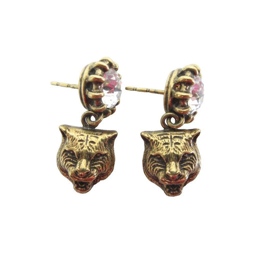 Gucci Earrings Tiger Cat Head Line Stone Bijou Gold