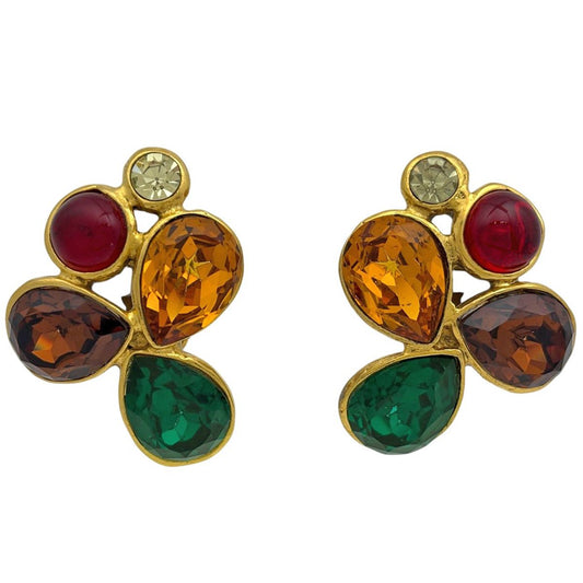 Chanel Color Stone Earrings Gripoix Gold Plated Brown