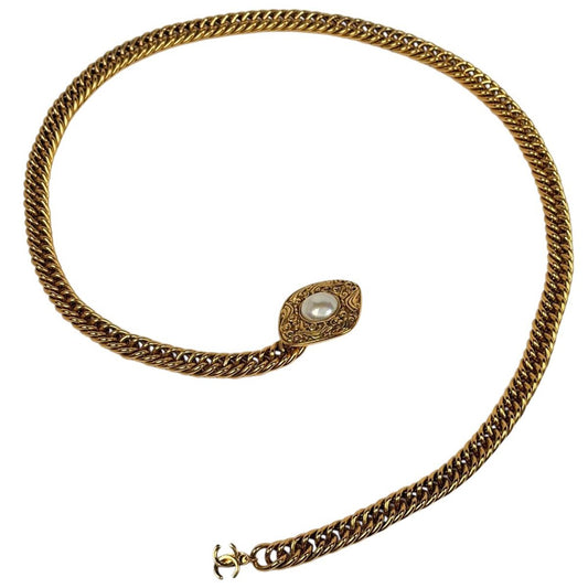 Chanel CC Logo Chain Belt Diamond Faux Pearl Gold