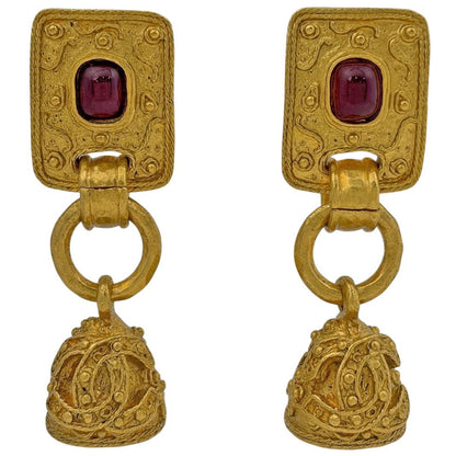 Chanel CC Logo Earrings Bell Swing Gripoix Gold Plated