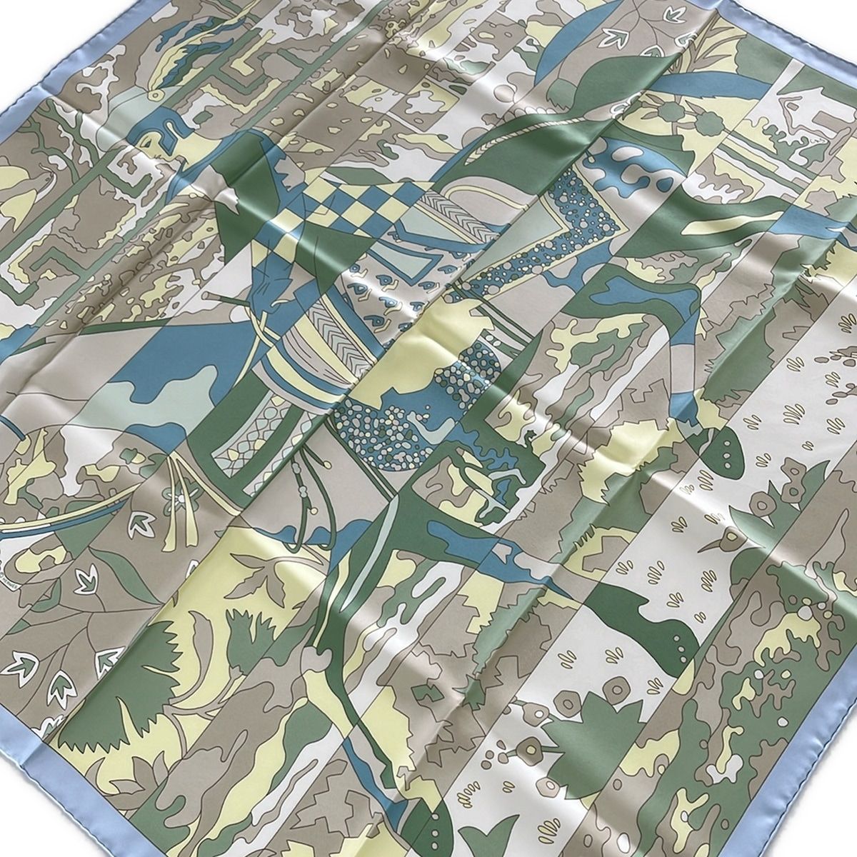 Hermes Scarf Carre 90 Beige Green Multi les Dix Cavaliers