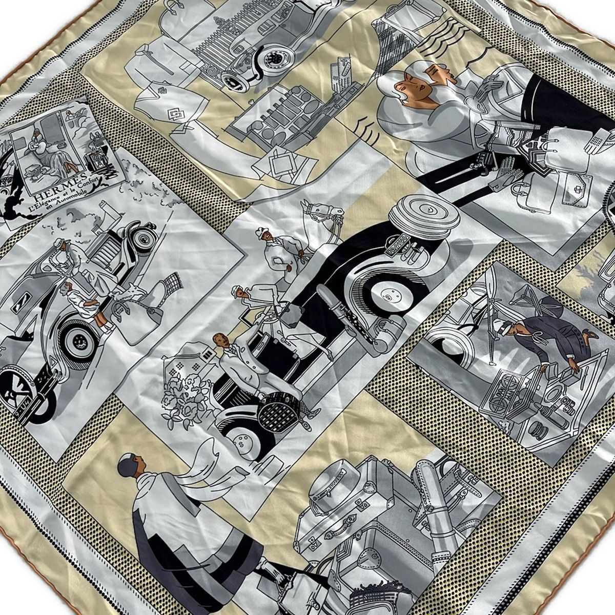 Hermes Scarf Carre Beige Dark Navy Multi Car Silk