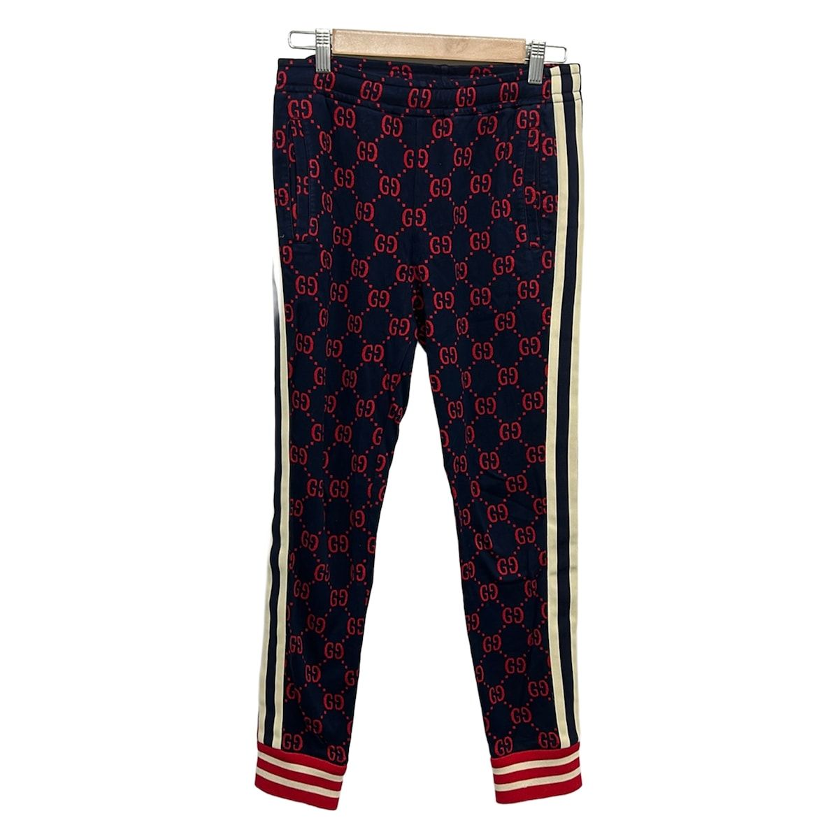 Gucci Pants S GG Jacquard Jogging Navy Ivory Red Pattern Side Line Full Length