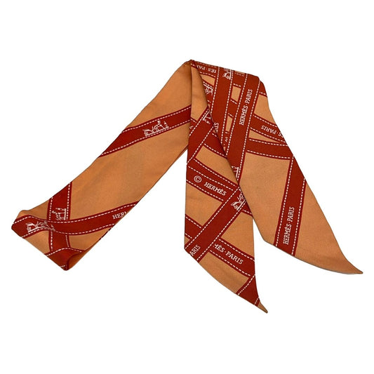Hermes Scarf Twill Orange Brown Ivory Bolduc Ribbon Pattern