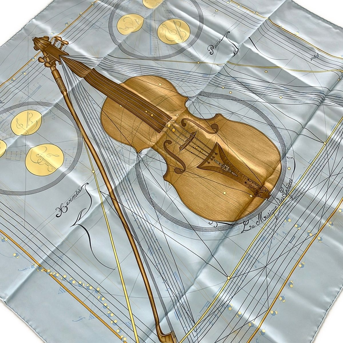 Hermes Scarf Carre 90 Light Blue Brown Multi la Musique Des Spheres