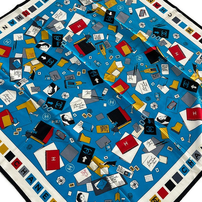 Chanel Scarf Blue White Multi Letter CC Logo Camellia