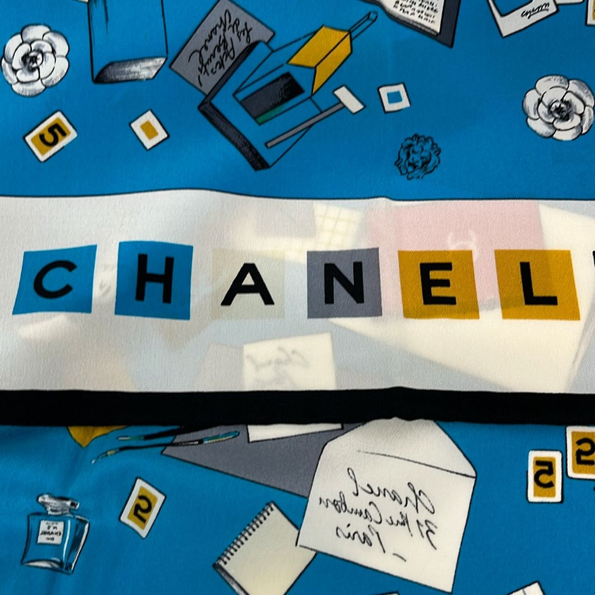 Chanel Scarf Blue White Multi Letter CC Logo Camellia — view 2
