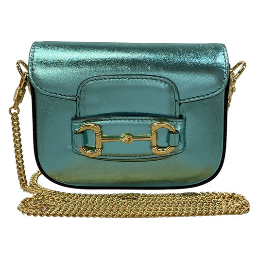Gucci Shoulder Bag Horsebit Metallic Blue Chain Mini Leather