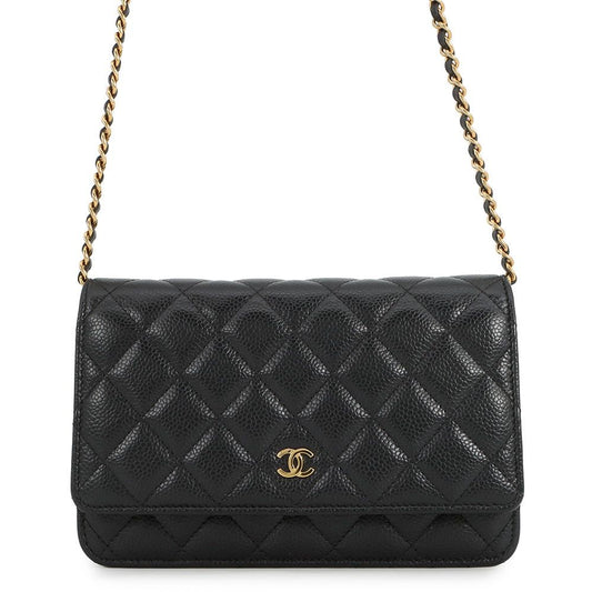 Chanel Chain Wallet Classic Quilted CC Logo Caviar Leather Black