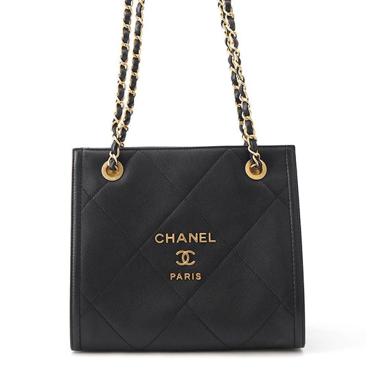 Chanel Chain Shoulder Bag Shopping Quilted CC Logo Lambskin Black