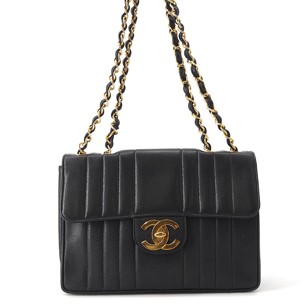 Chanel Chain Shoulder Bag Mademoiselle CC Logo Jumbo CC Caviar Leather Black