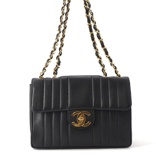 Chanel Chain Shoulder Bag Mademoiselle CC Logo Jumbo CC Caviar Leather Black