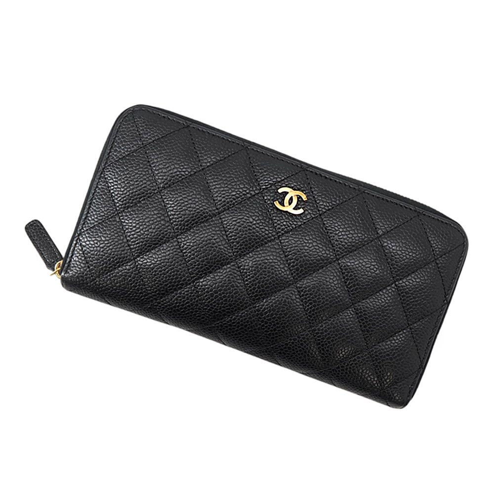 Chanel Wallet Quilted Classic Long Zip CC Logo Caviar Leather Black