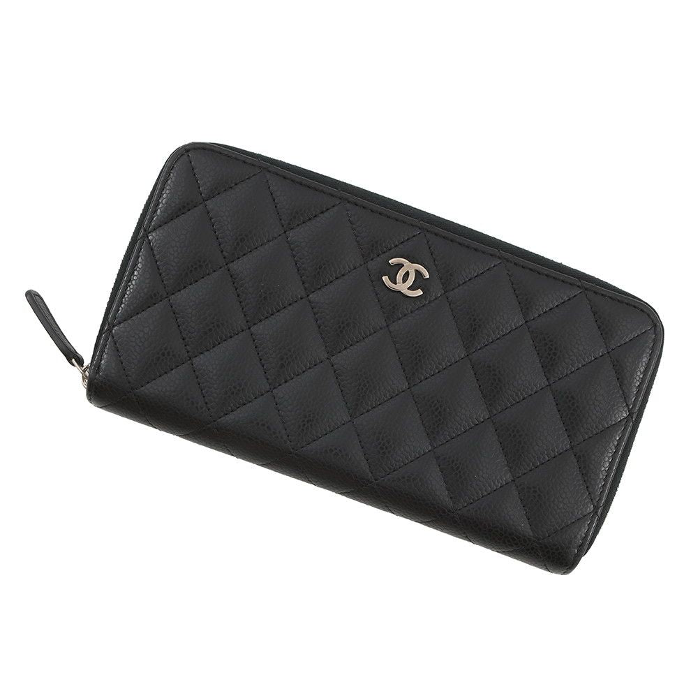 Chanel Wallet Classic Long Zip CC Logo Quilted Caviar Leather Black